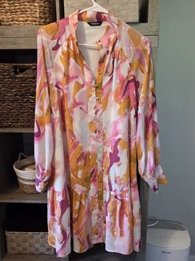 Fashion Nova Pink, Yellow & White Abstract Button-Front Dress